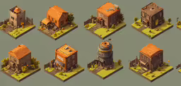 nine different buildings on some platforms with a tower,nine low poly houses in low poly style