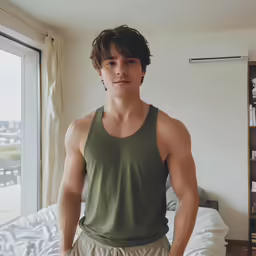 a young man wearing a green tank top standing in his bedroom