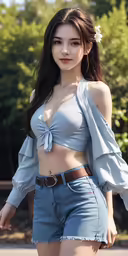 the girl in the jean shorts is posing