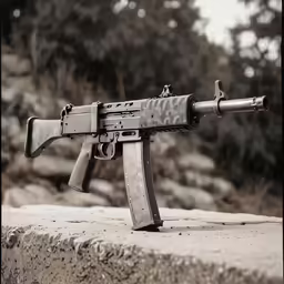 a gun sitting on top of a rock