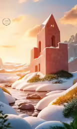 the painting depicts a castle in a snowy landscape