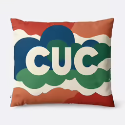 a red and green pillow with the word cuc on it
