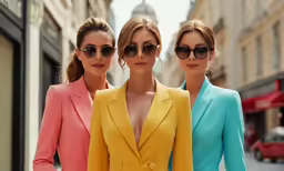 two women in bright suits on a city street