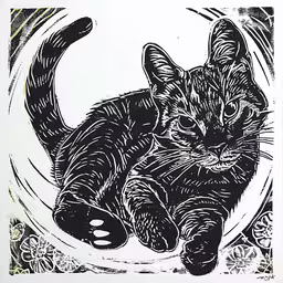 an ink drawing of a cat with its paw curled up,a picture of a cat with a mouse