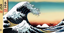 a large wave crashes near the shore in this art work,a painting of a large wave in the sky
