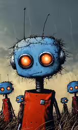 a robot standing in the middle of a field