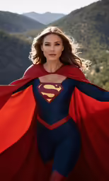 a woman dressed as superman in a mountain top