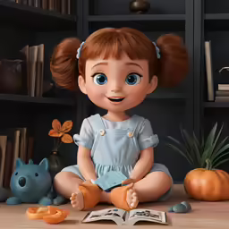 a doll in a blue dress sitting next to a bookcase