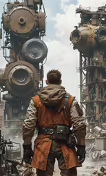 a man in front of huge metal pipes standing on a field