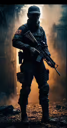 a soldier is dressed in dark colors with a rifle,a man in a full body outfit holding a gun