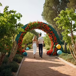 a bride and groom walk down a path surrounded by trees