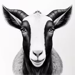 a goat with large horns is photographed in black and white