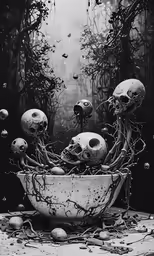 an surreal painting with skulls in a bowl
