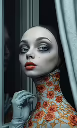 a woman is looking out of the window