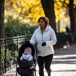 a woman walking with a stroller and a baby in it