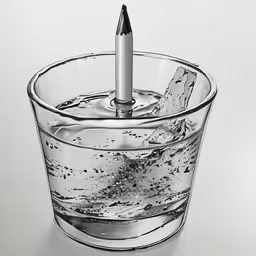 a glass cup with water and a bullet sticking out