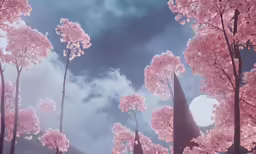 a scene of pink trees under a cloudy sky