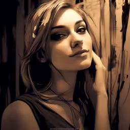 a woman leaning on a wall, holding her hand in her ear,a woman in a black dress holds her hand near her face