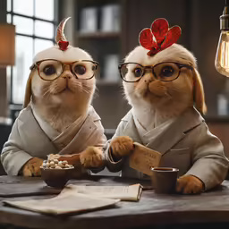 cats in fancy outfit posed at the table