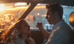 a man in a car brushing his nose with a woman