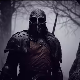a man in black outfit and knight gear in a foggy forest