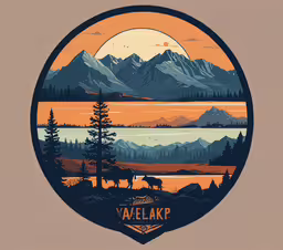 the scenic poster for a wildlife destination featuring elk and pine trees in front of mountains,a circle shape illustration with a sunset and mountain view with the words vaelar in it