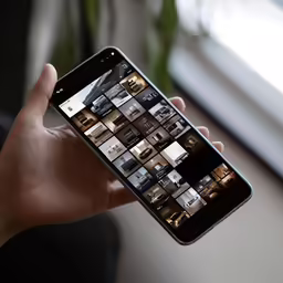 a person holding a smart phone up in front of a window