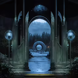 an entry to a dark and icy forest
