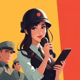 the woman in uniform holds up her tablet while two uniformed men stand behind her