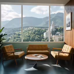 an apartment interior featuring large windows and a view
