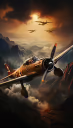 the airplane is flying low on the mountains in a cloudy sky