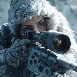 a woman wearing a hat and coat holding a machine gun in her hand
