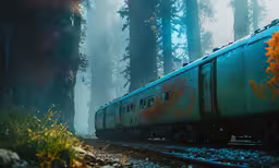 a train on a rail in the middle of a forest,an old train with painted letters is passing by trees in the fog