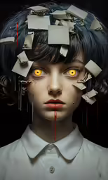 a woman with some pieces cut out to look like it is falling