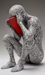 a statue holding a book while sitting down
