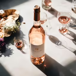 a wine glass is set next to a bottle