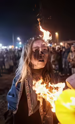 woman standing in front of fire, with many other people looking on