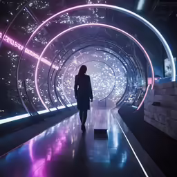 a woman stands in a tunnel, which features glowing lights