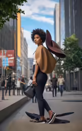 a woman with an oversized hat and carrying a purse walks down the street