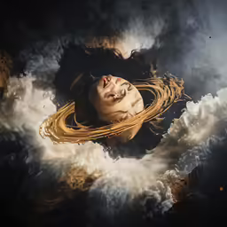 a beautiful woman with a flowing hair floating in clouds