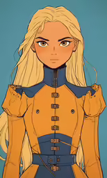 the illustration shows the face and shoulders of a young blonde haired woman with long hair and a