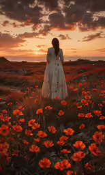 the girl standing in a field of orange flowers
