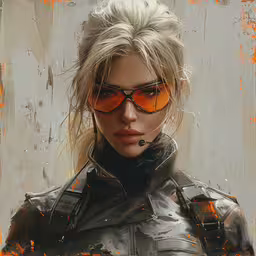 woman in leathers wearing orange tinted glasses,the artist is painting this cyber woman in glasses