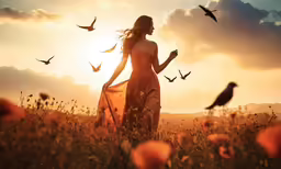 a woman standing in a field full of birds