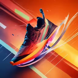 a person jumping with a pair of colorful shoes on