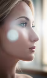 a woman looking away with the sun shining through her eyes