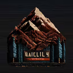 a multicolored sign hanging on the wall in front of mountains
