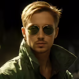 a man wearing a green jacket with sunglasses