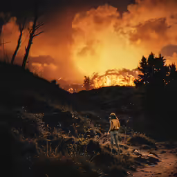 two people are walking up a dirt road in the wilderness at sunset