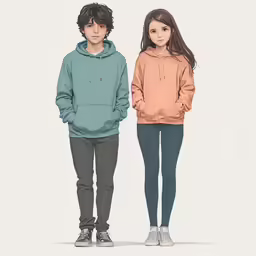 two kids, both wearing green and orange hoodies